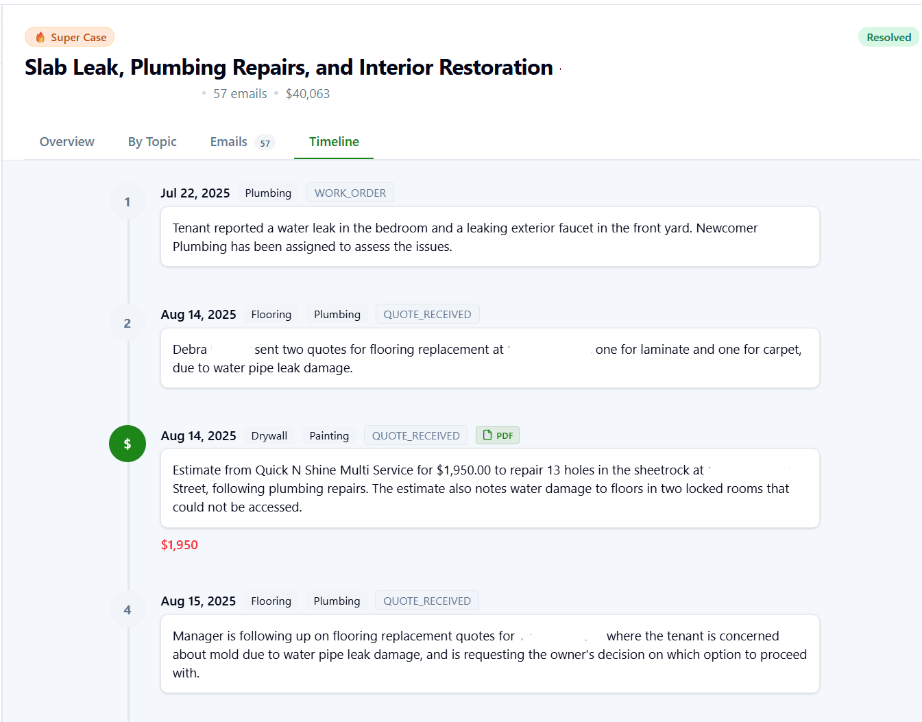 Timeline tab showing chronological email sequence starting July 22, 2025 with the initial water leak report, followed by flooring quotes and drywall estimates
