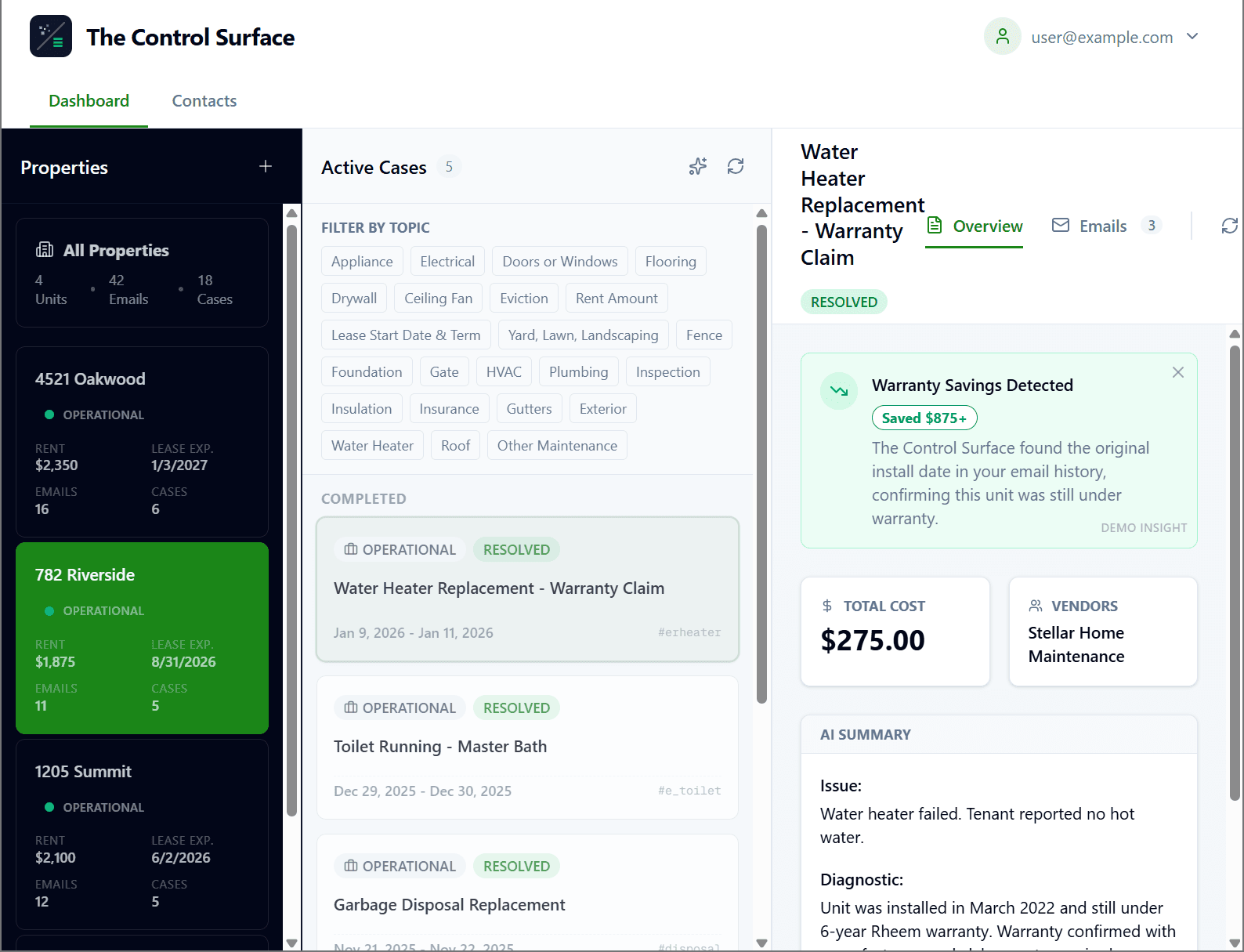 Case detail view with AI-generated summary, vendor information, and cost tracking