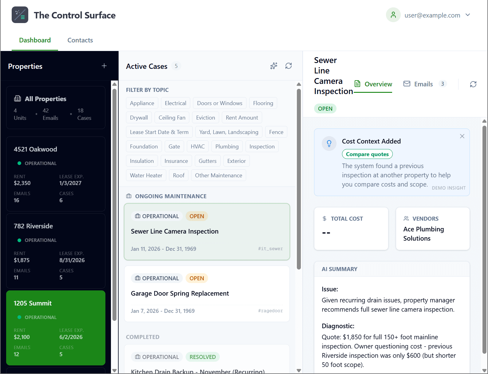 Activity feed showing recent property management updates and maintenance alerts